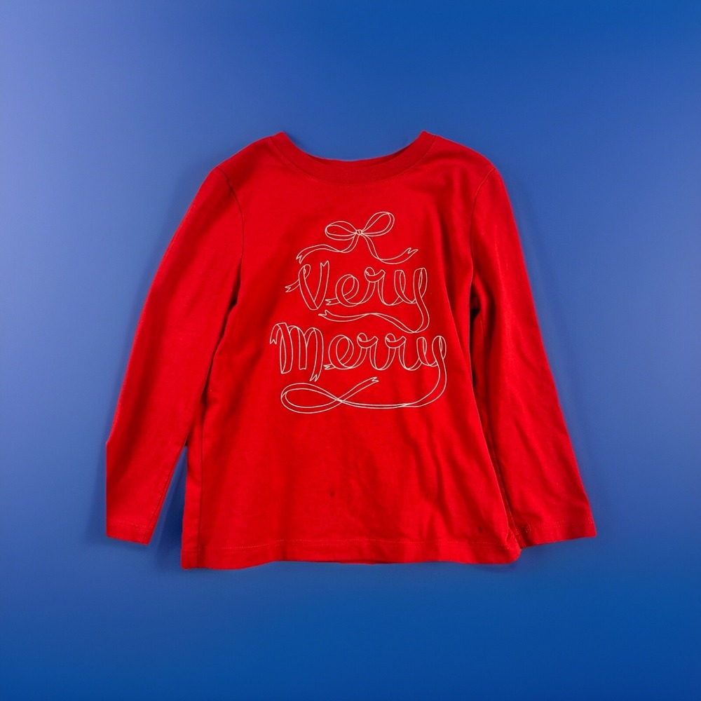 Cat & Jack Very Merry T-Shirt Unisex Kids 4T Red Long Sleeve Holiday Graphic Tee